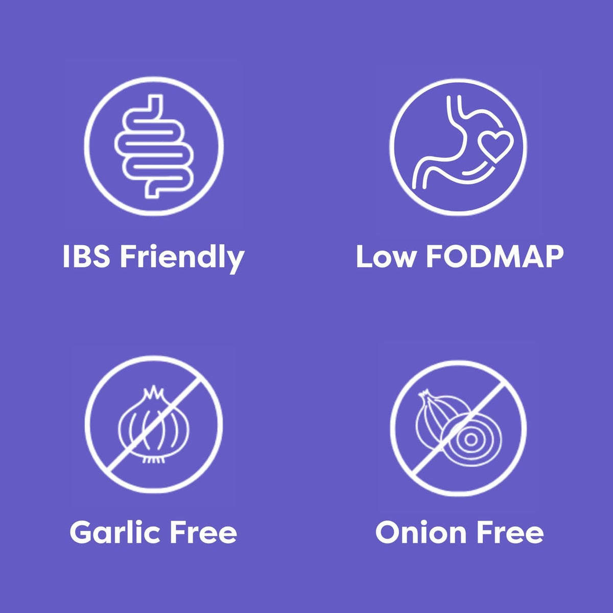 Fody soup base benefit icons: IBS Friendly, Low FODMAP, Garlic Free, Onion Free