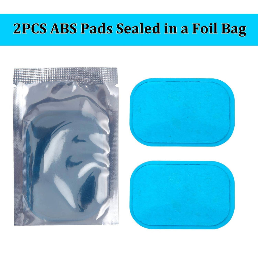Two blue rectangular ABS gel pads and a sealed foil bag, rounded adhesive surfaces