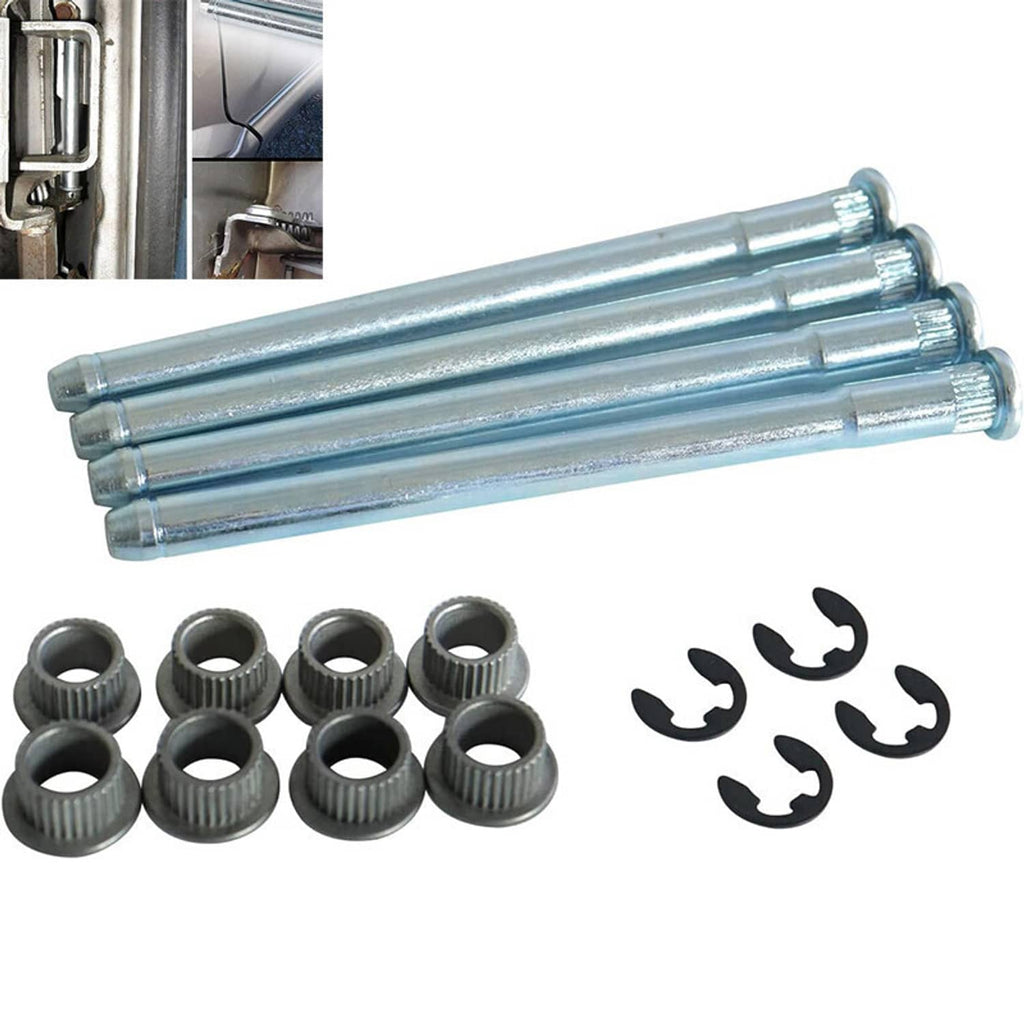 Door hinge pin bushing repair kit with two steel pins, gray bushings, and retaining clips