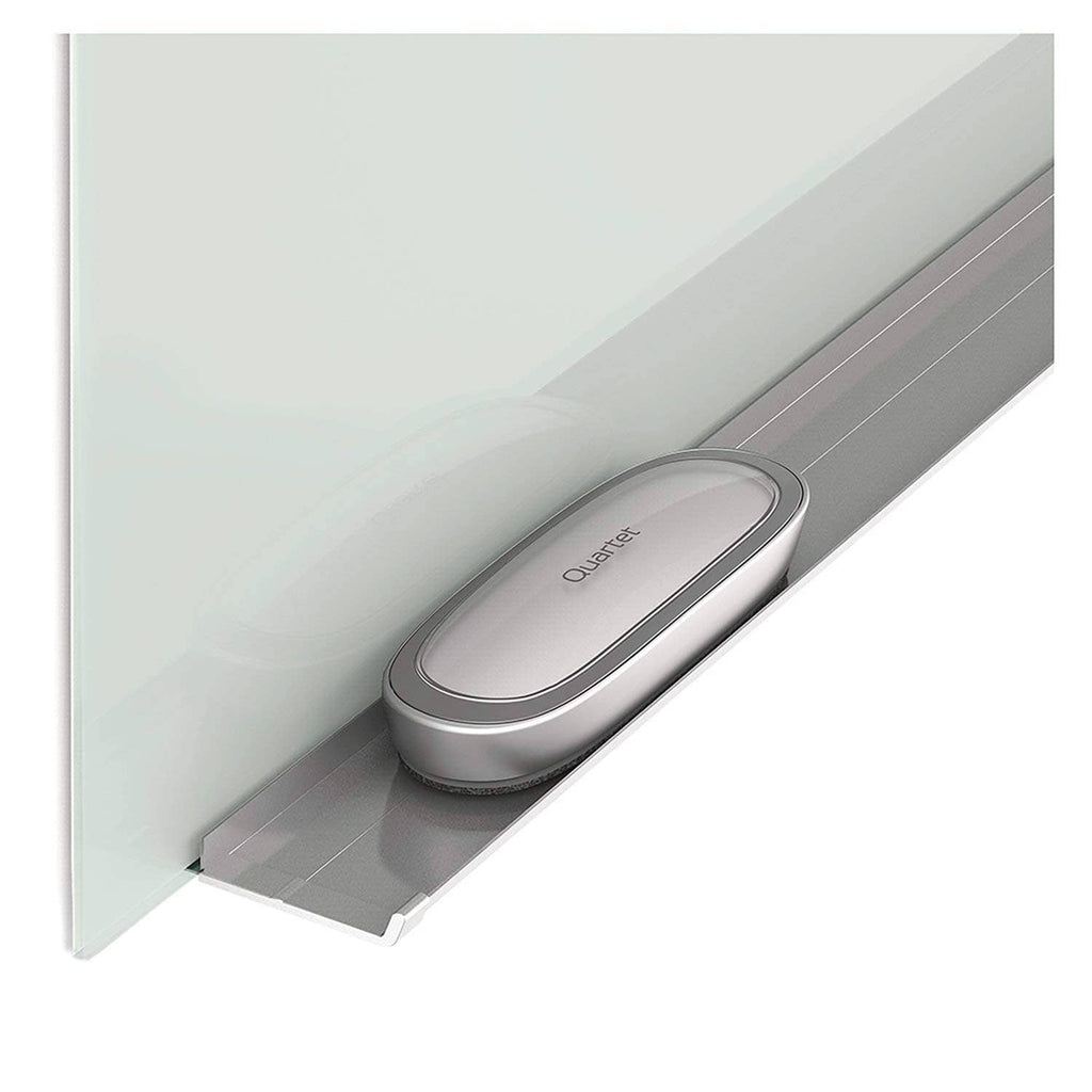 Quartet dry erase eraser resting in a gray caddy along a whiteboard ledge