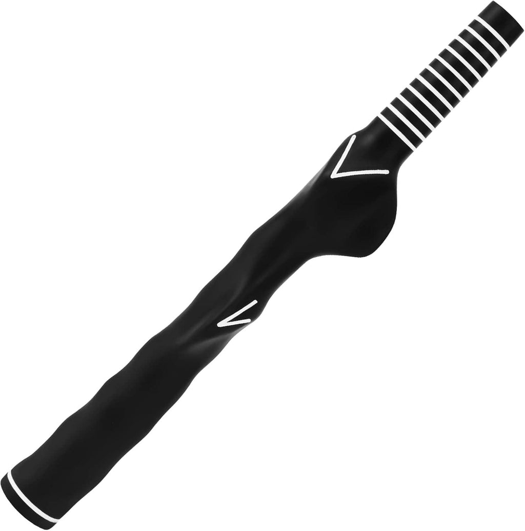 Left-handed golf training grip, black anti-slip rubber with zebra stripe band ends.