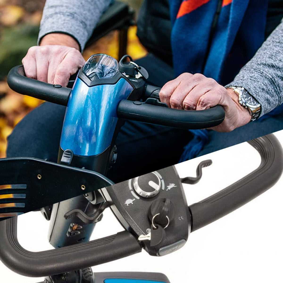 Ignition starter on/off switch and pull-key assembly on a mobility scooter handle