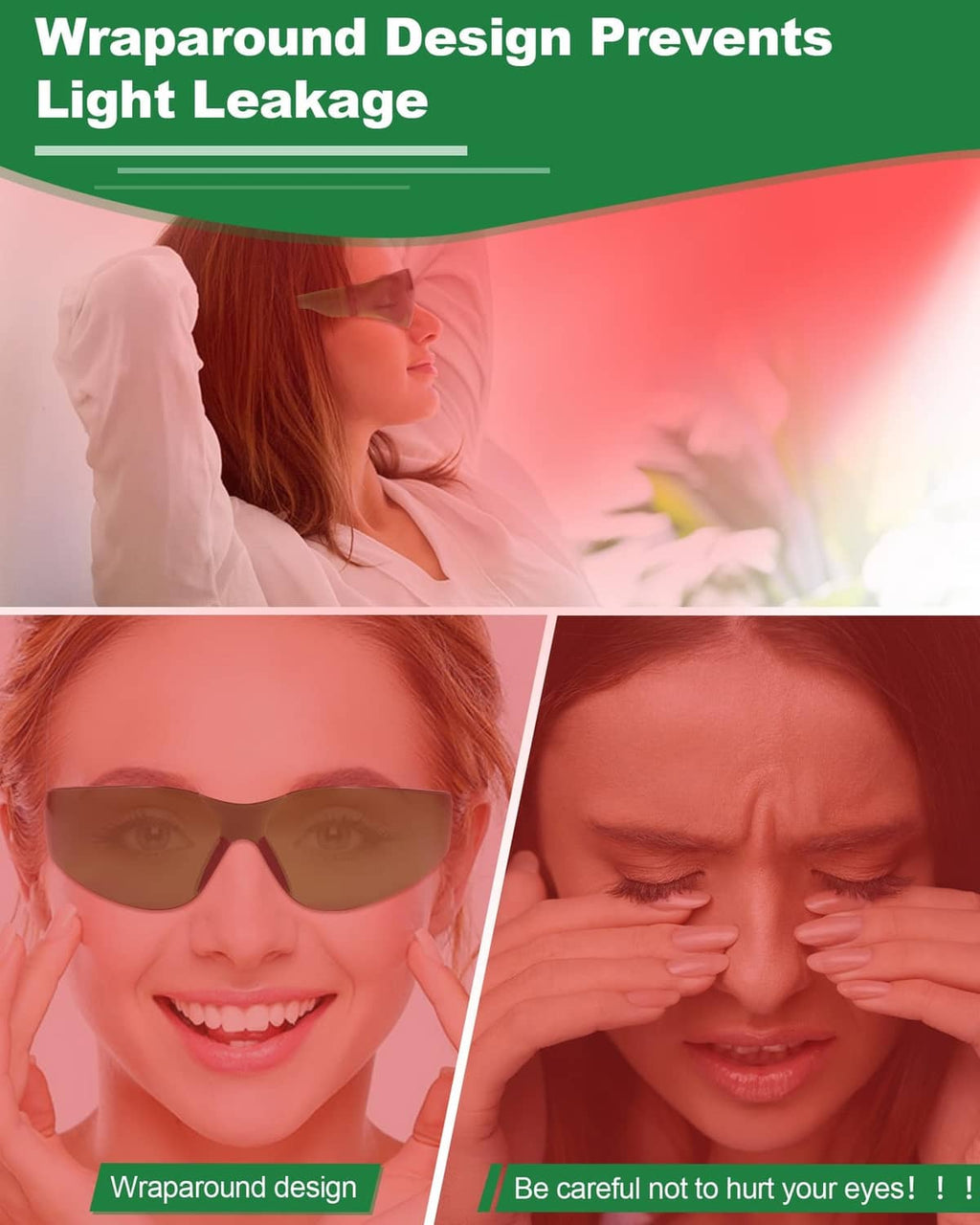 Green wraparound light therapy glasses on smiling woman with full lens coverage