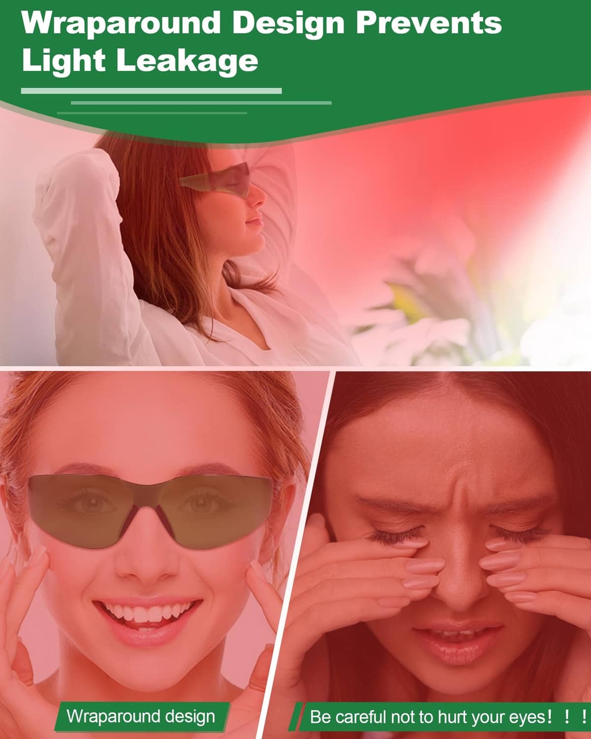 Green wraparound light therapy glasses on smiling woman with full lens coverage