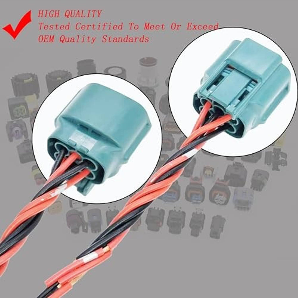 Teal connector plug with red/black wires; latch housing and port details shown