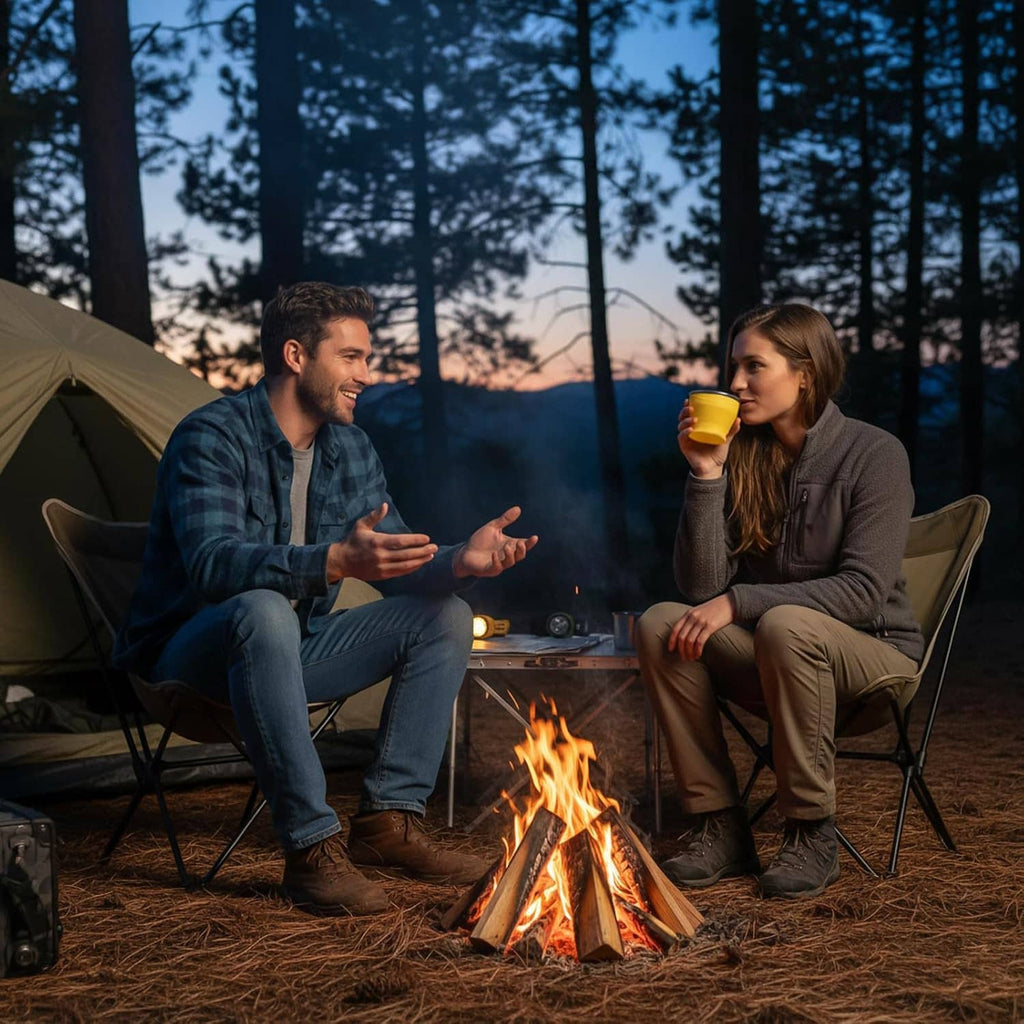 Yellow silicone collapsible travel cup with lid, held while camping by a fire