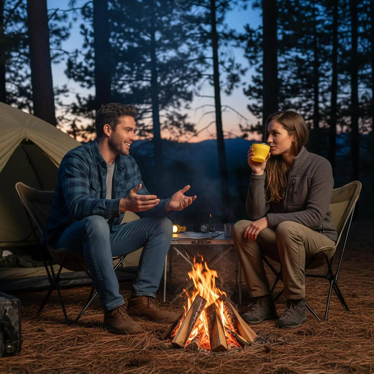 Yellow silicone collapsible travel cup with lid, held while camping by a fire