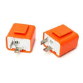 2-pin electronic flasher relay with orange housing and two metal mounting terminals