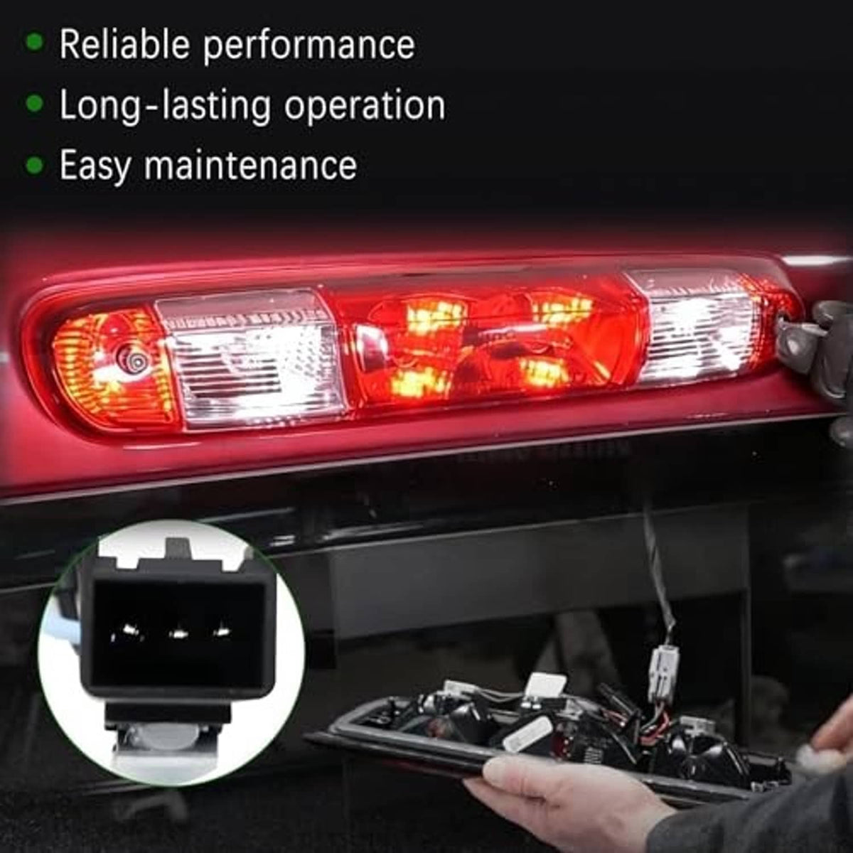 Red rear center high mount brake light with wiring plug and connector for installation
