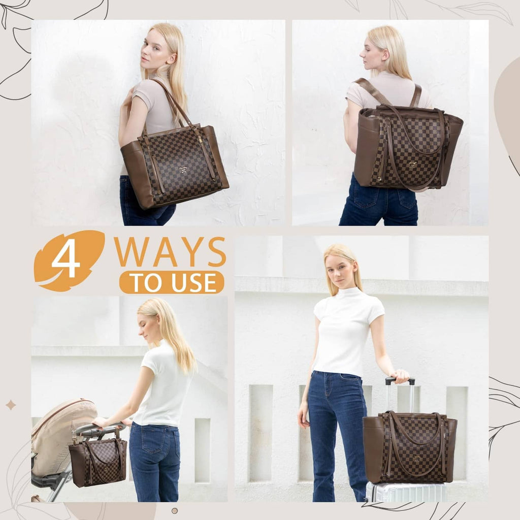 Checkered diaper bag tote with multiple carrying styles: tote, shoulder, and crossbody