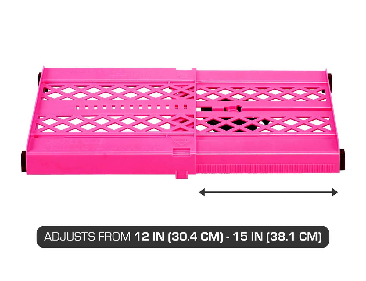 Pink adjustable locker shelf, front view with grid panel and length adjustment