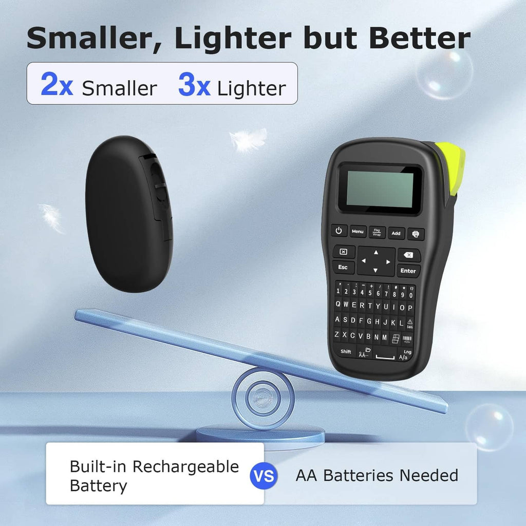 Black Bluetooth label maker with display and built-in keyboard, portable handheld