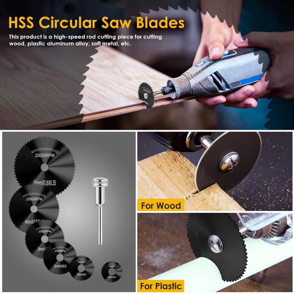 HSS circular saw blades set for cutting wood, plastic, and metal with different sizes