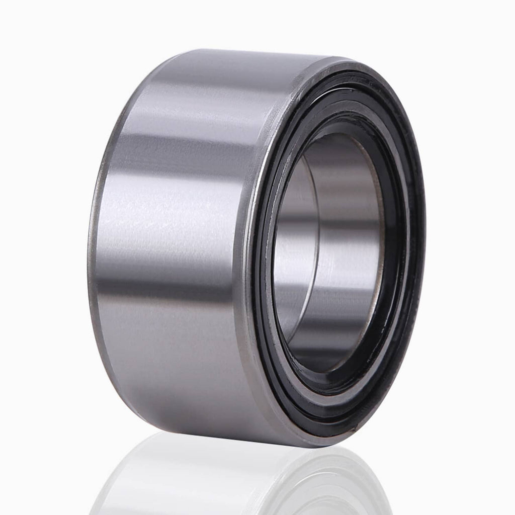 Wheel bearing close-up in profile with silver body and black outer seal ring