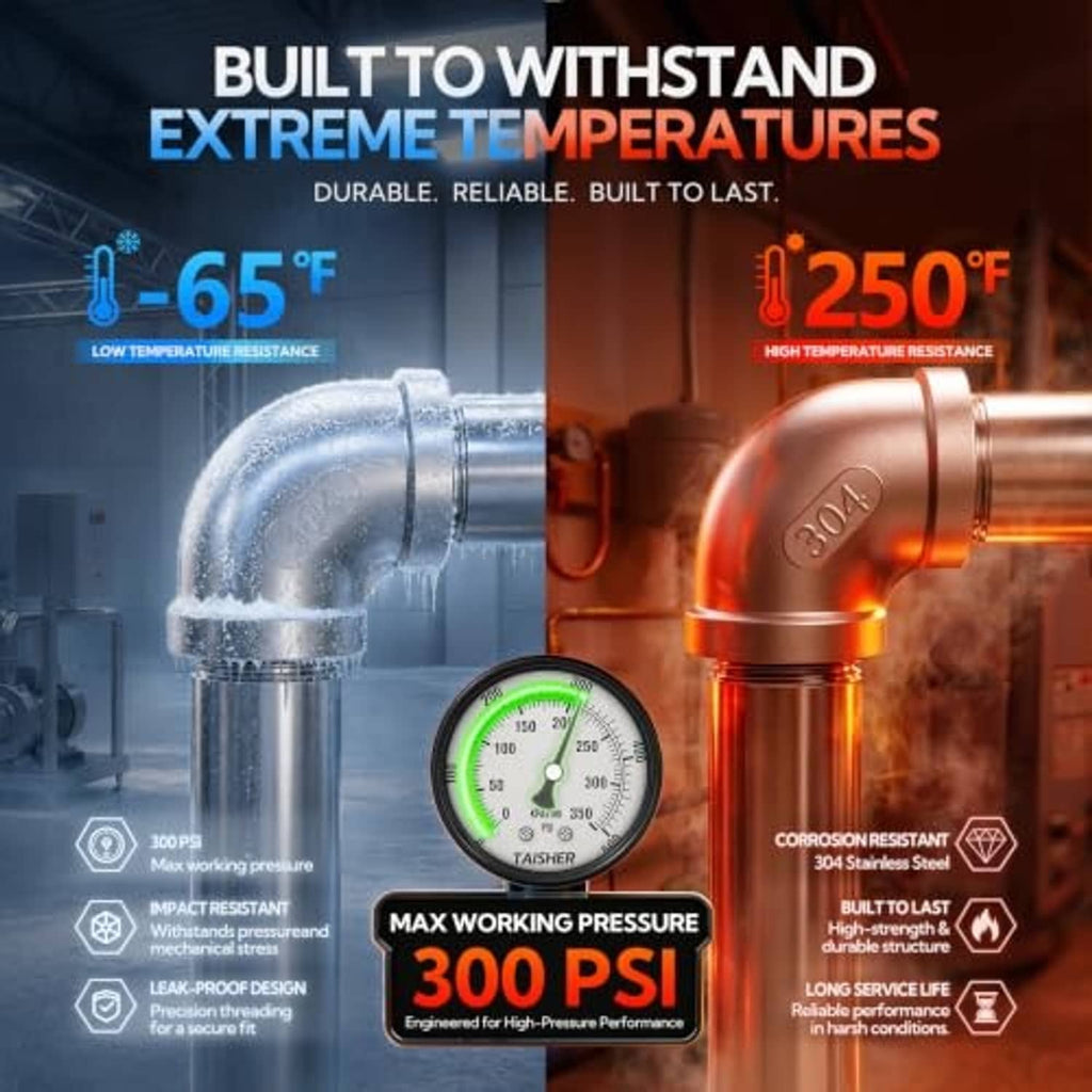 304 stainless steel 90-degree elbow fitting infographic: max 300 PSI temperature range