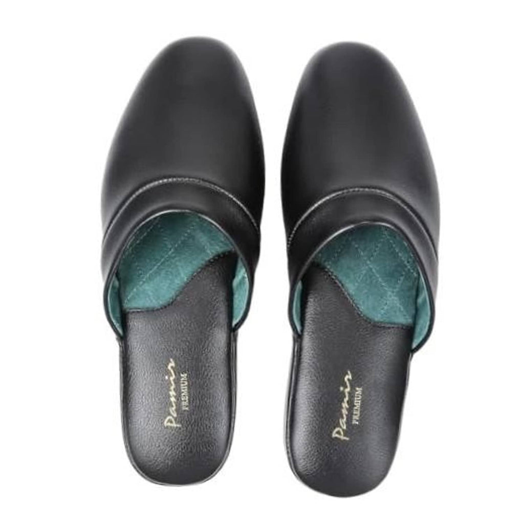 Black leather scuff slippers with teal suede lining and slip-on rounded toe, pair view