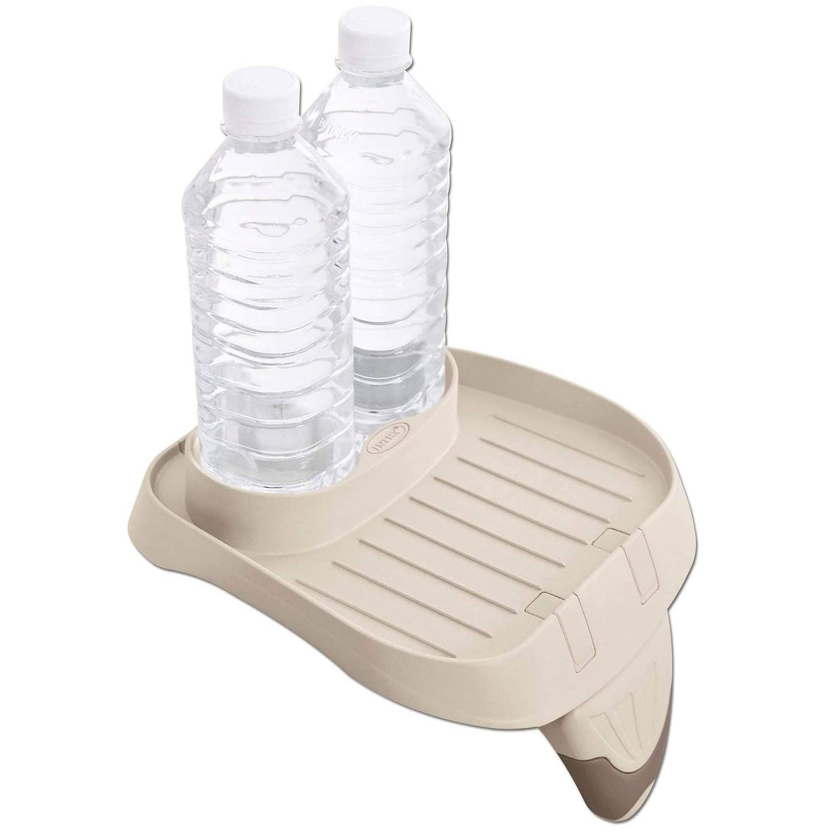 Light gray spa cup holder tray holding two plastic water bottles