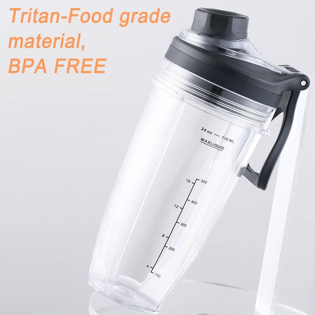 Clear BPA-free 24 oz blender cup with black lid and carry handle