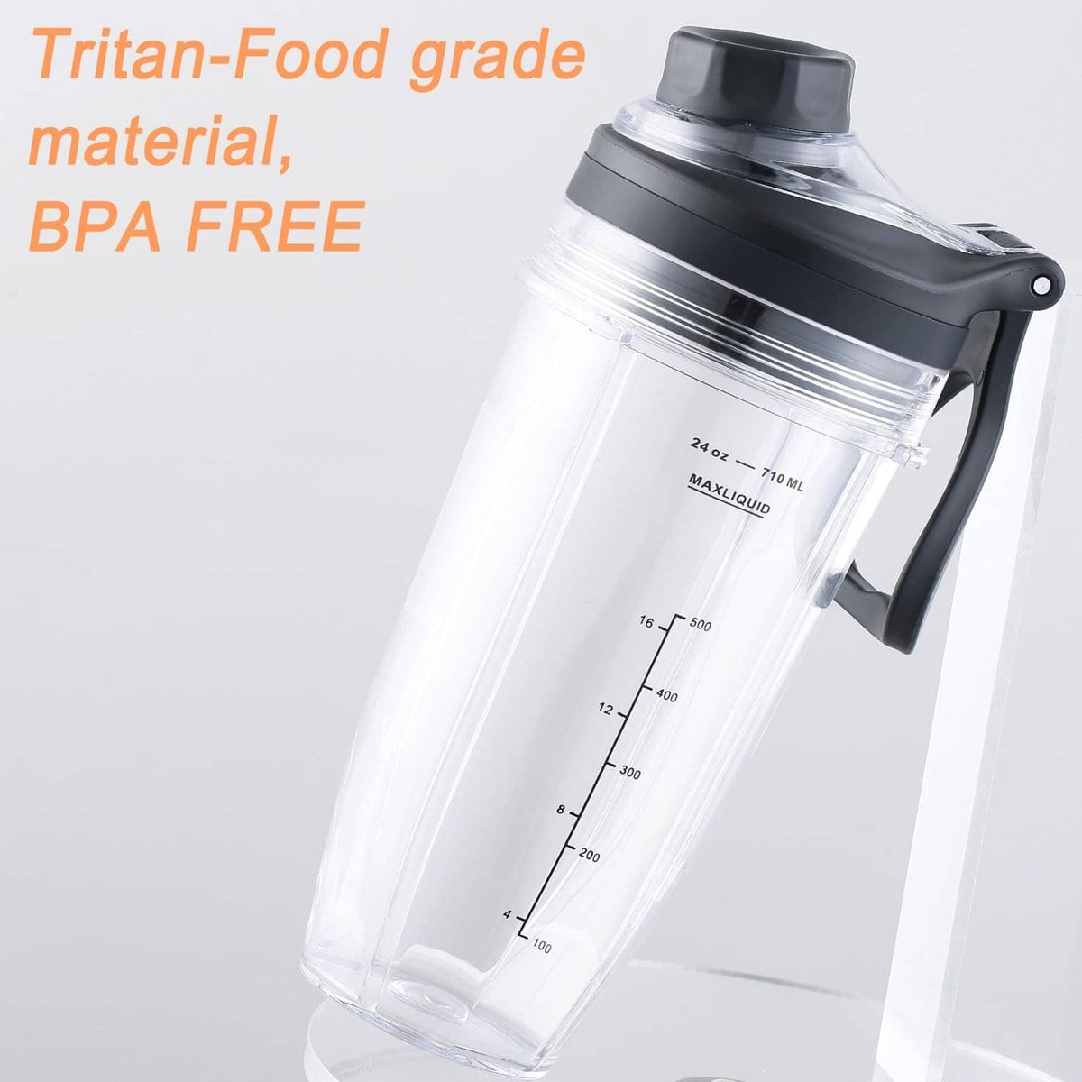Clear BPA-free 24 oz blender cup with black lid and carry handle