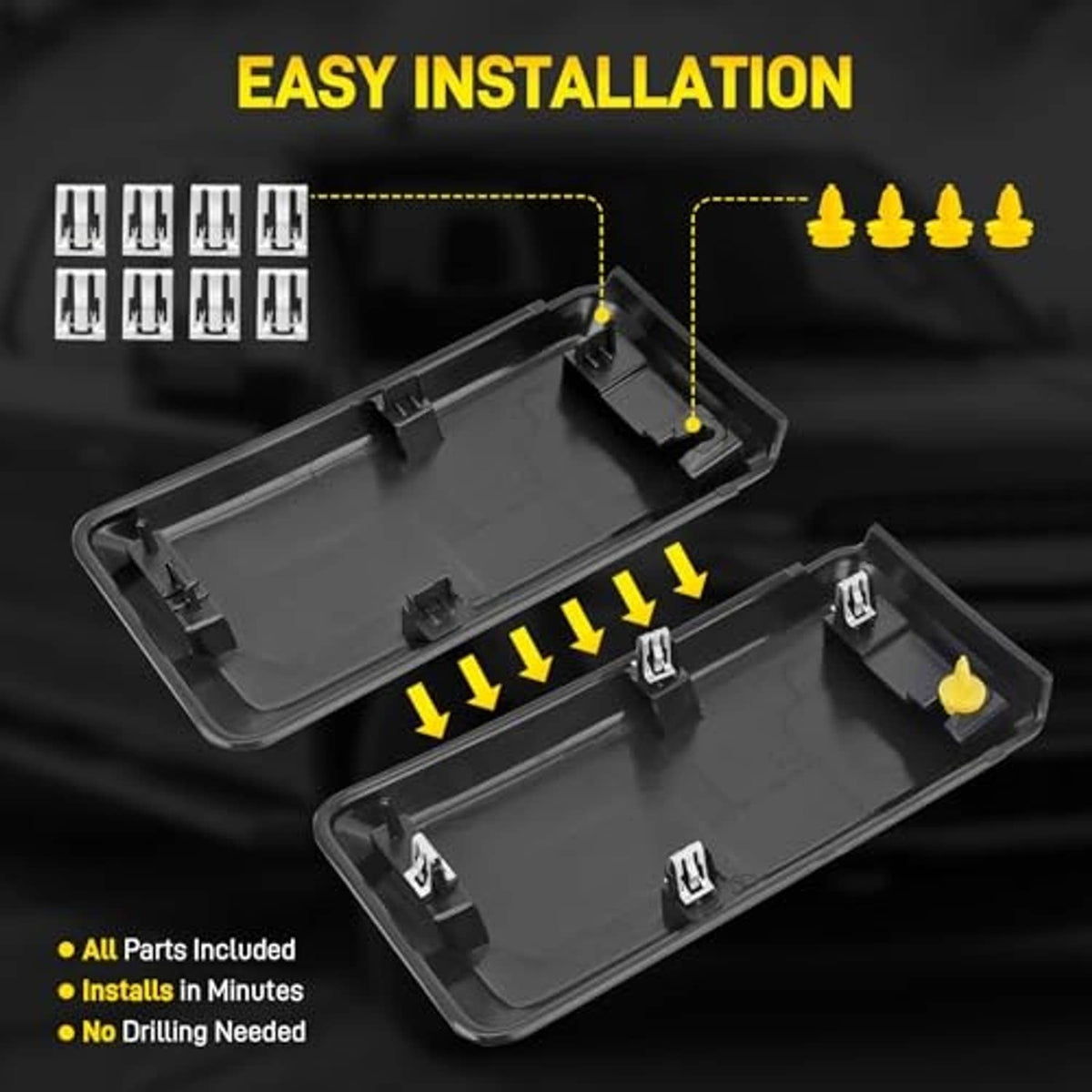 Front bumper guard pad installation kit with two dark gray pads and mounting hardware