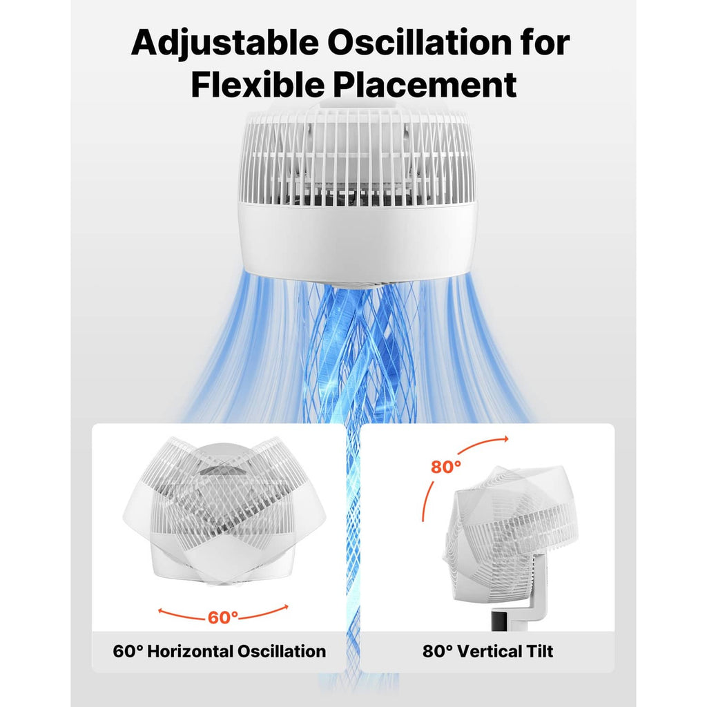 White pedestal fan with adjustable oscillation for horizontal and vertical placement