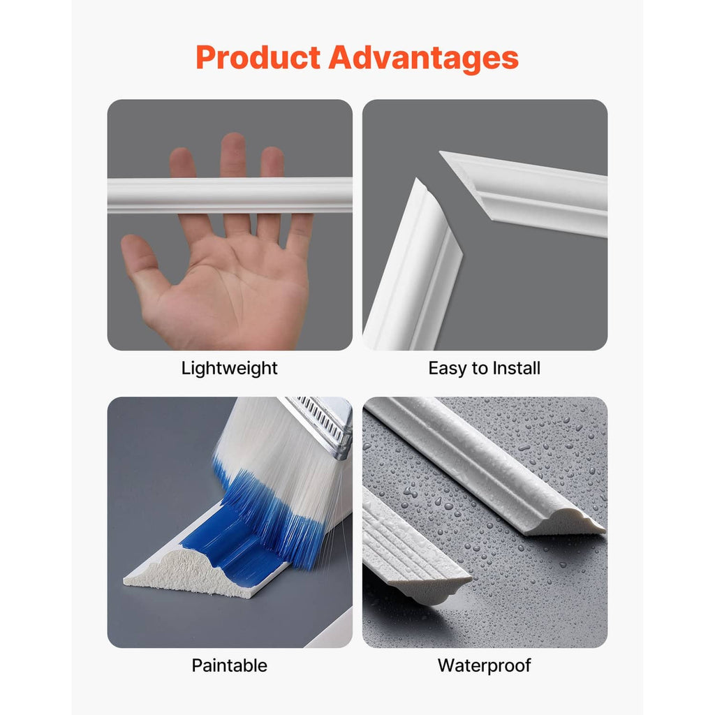 White decorative trim molding pieces shown with edge profile and mounting details