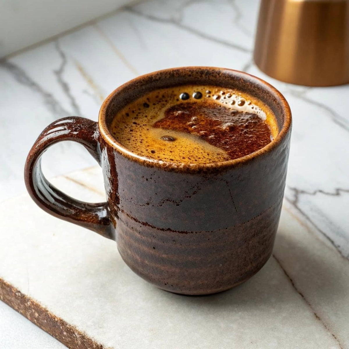 Brown ceramic coffee mug with dark brewed coffee and foam surface
