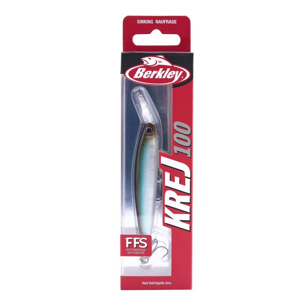 Berkley Krej 100 lure package with blister display of blue-green minnow