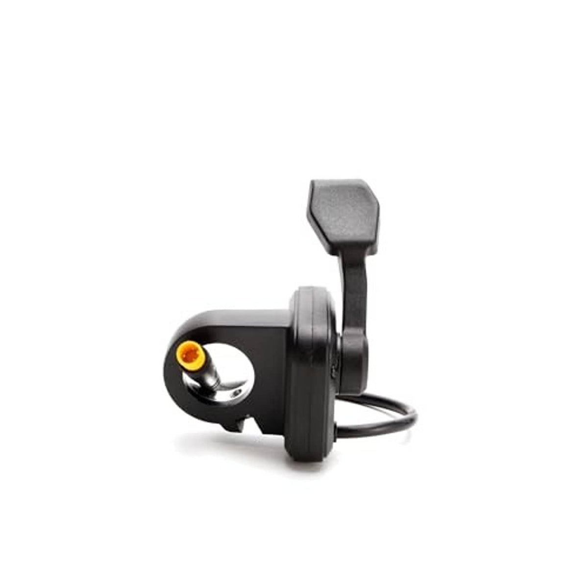 Black scooter thumb throttle with gray cap and attached cable loop, yellow indicator.