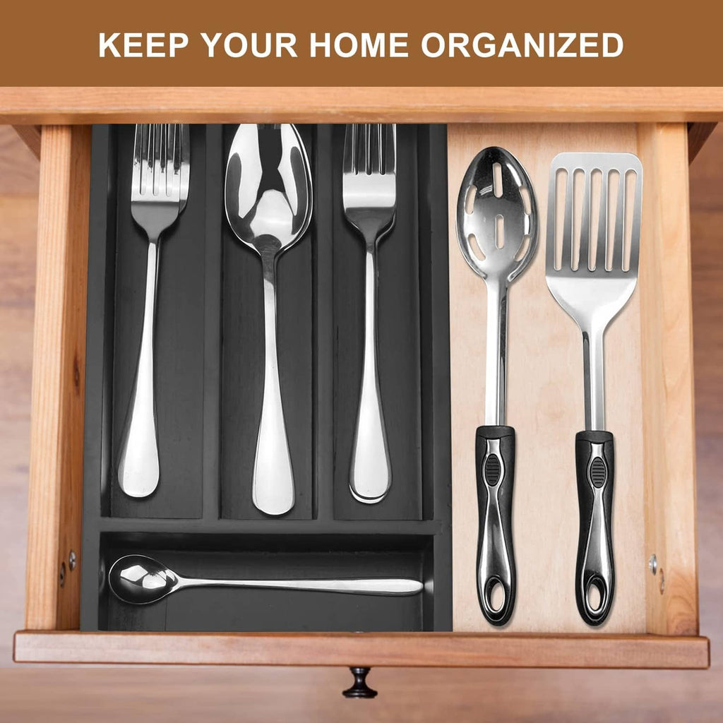 Black utensil drawer organizer tray with multiple slots for forks and spoons