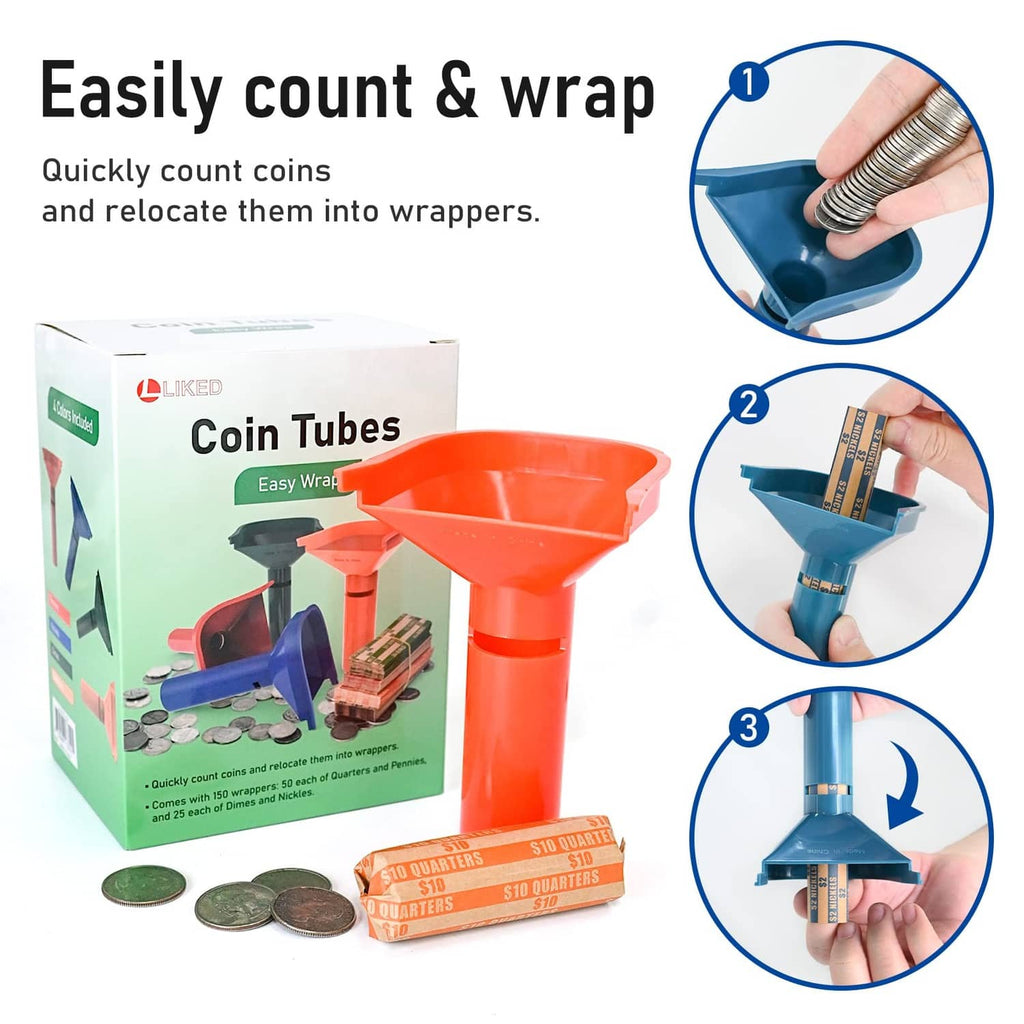Coin tube starter kit with box, orange and blue funnels, and striped coin wrappers