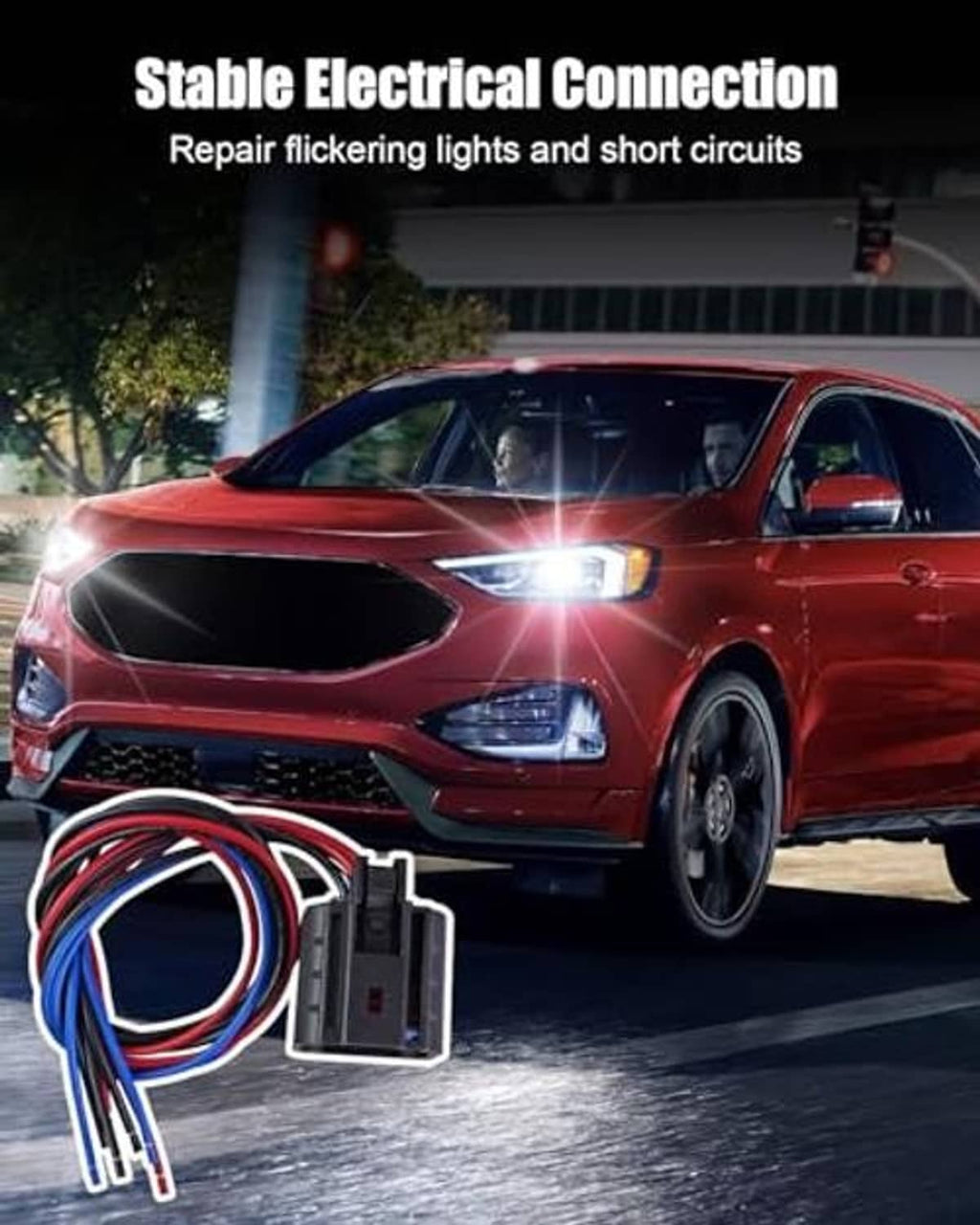 Headlight connector pigtail with blue multi-pin plug and red/blue wire bundle, black lead