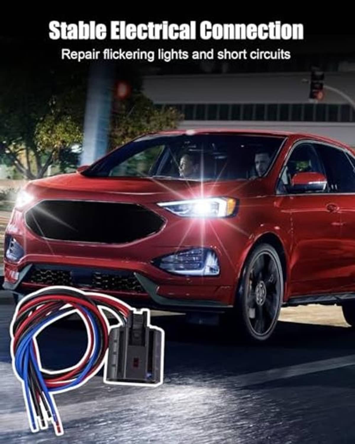 Headlight connector pigtail with blue multi-pin plug and red/blue wire bundle, black lead