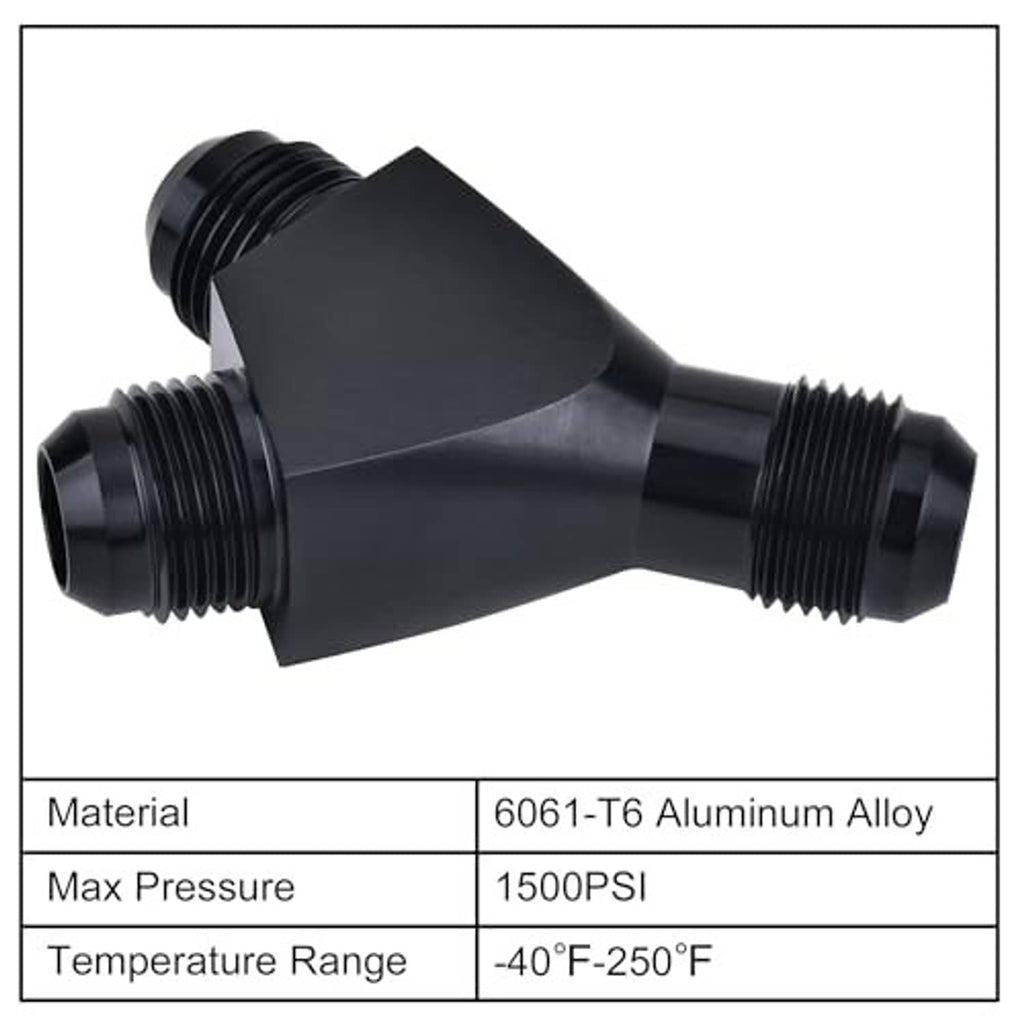 Black Y-shaped AN flare fitting adapter with product specs diagram and table