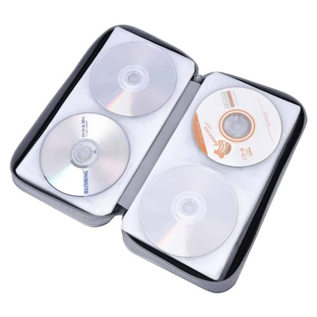 Opened black CD case showing multiple disc slots with clear protective panels.