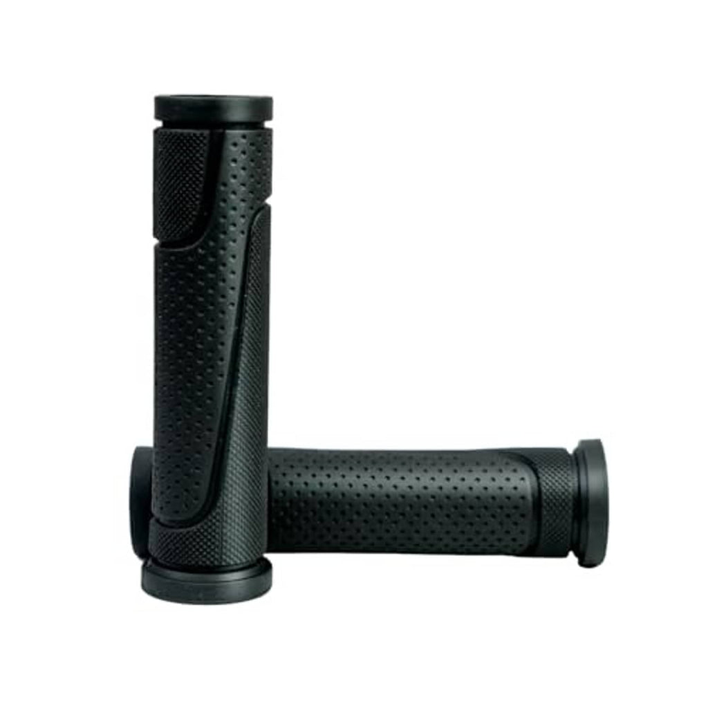 Black anti-slip bicycle handlebar grips with textured rubber surface and curved bar rest