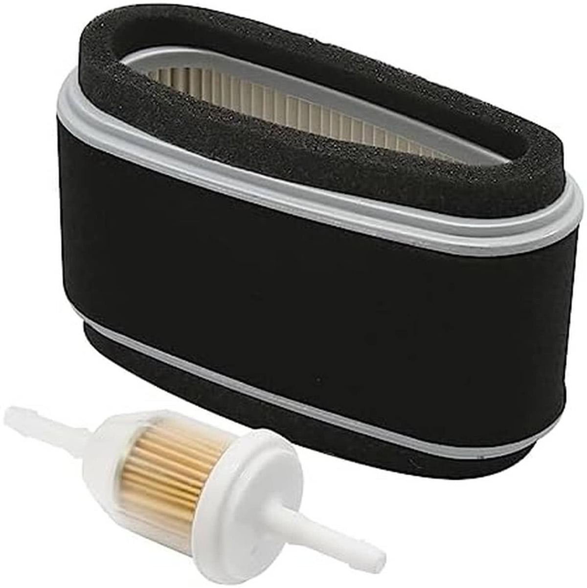 Black foam prefilter and white inline cylindrical fuel filter cartridge, replacement kit