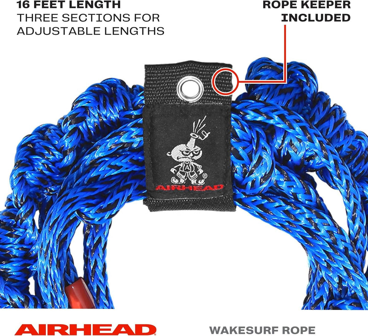 Blue braided wakesurf rope with black rope keeper tab