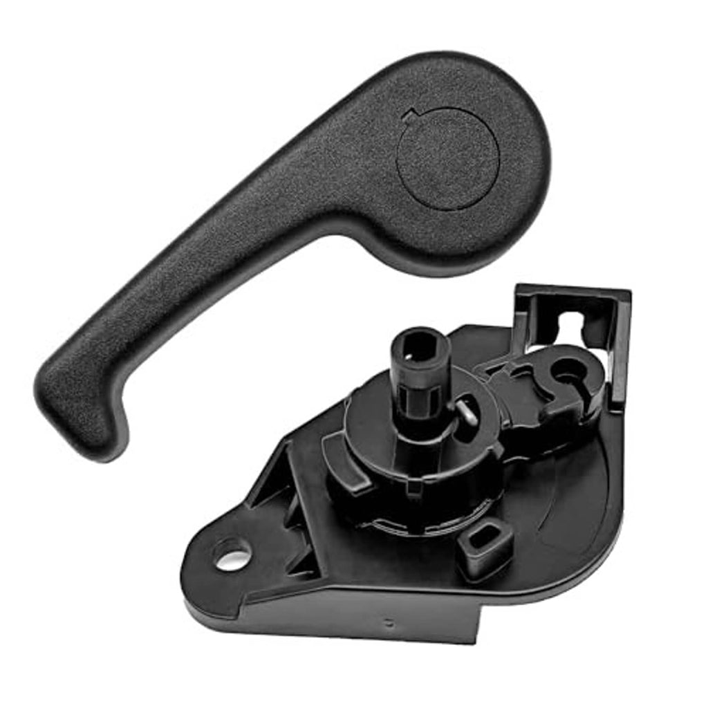 Black hood release handle with mounting bracket, angled front view
