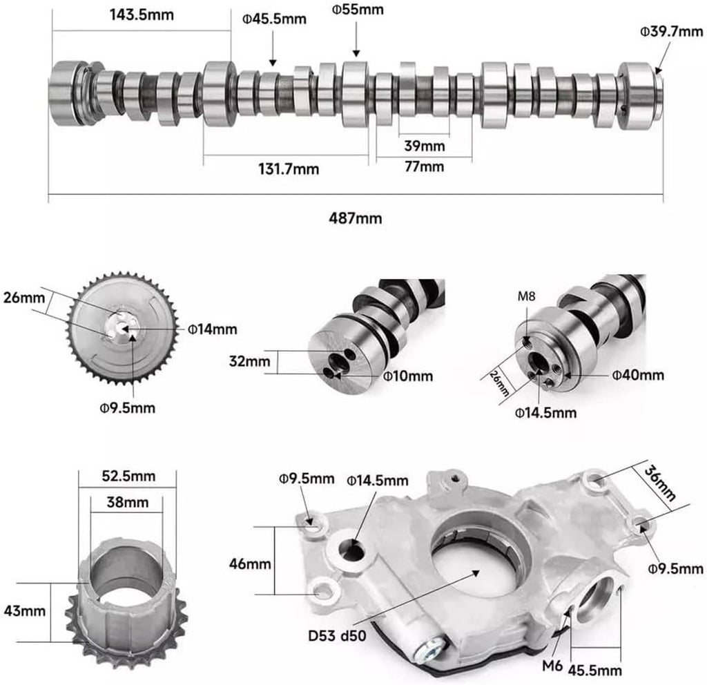 Dimensioned camshaft and lifter parts, with length measurements and circular end view