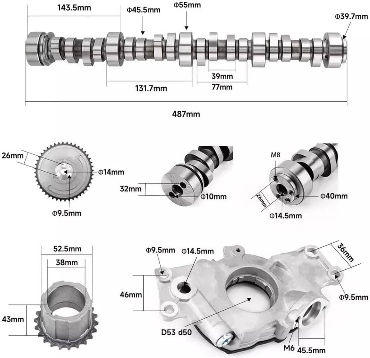 Dimensioned camshaft and lifter parts, with length measurements and circular end view