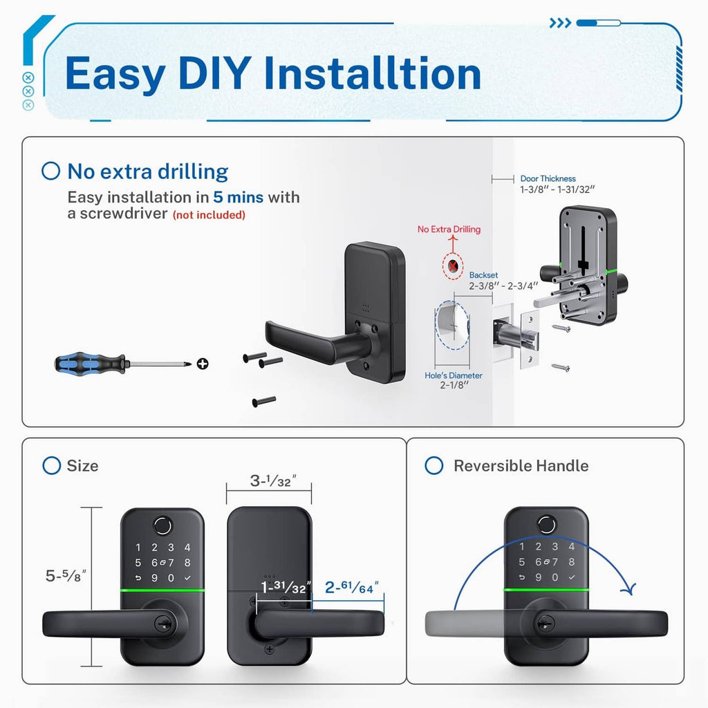 Black keypad door lock with handle, easy DIY installation diagram