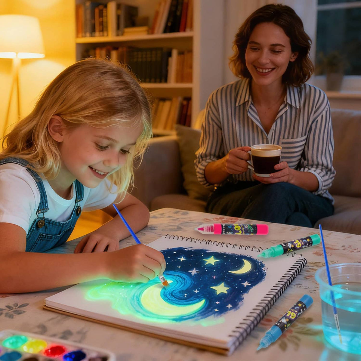 Child drawing with glow acrylic paint pens on notebook, with bright green lines