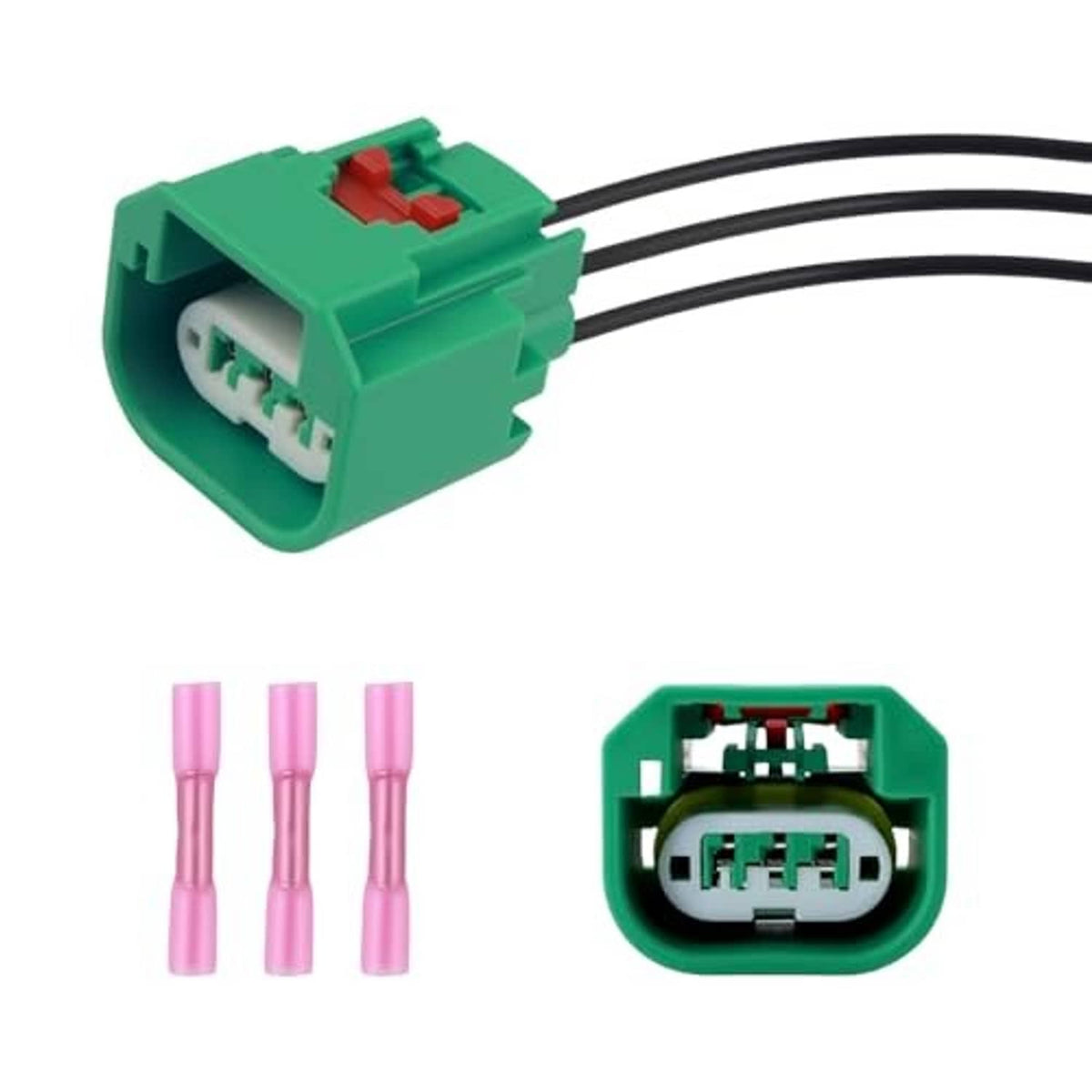 Green headlight wiring harness connector with black wires, plus three pink crimp terminals
