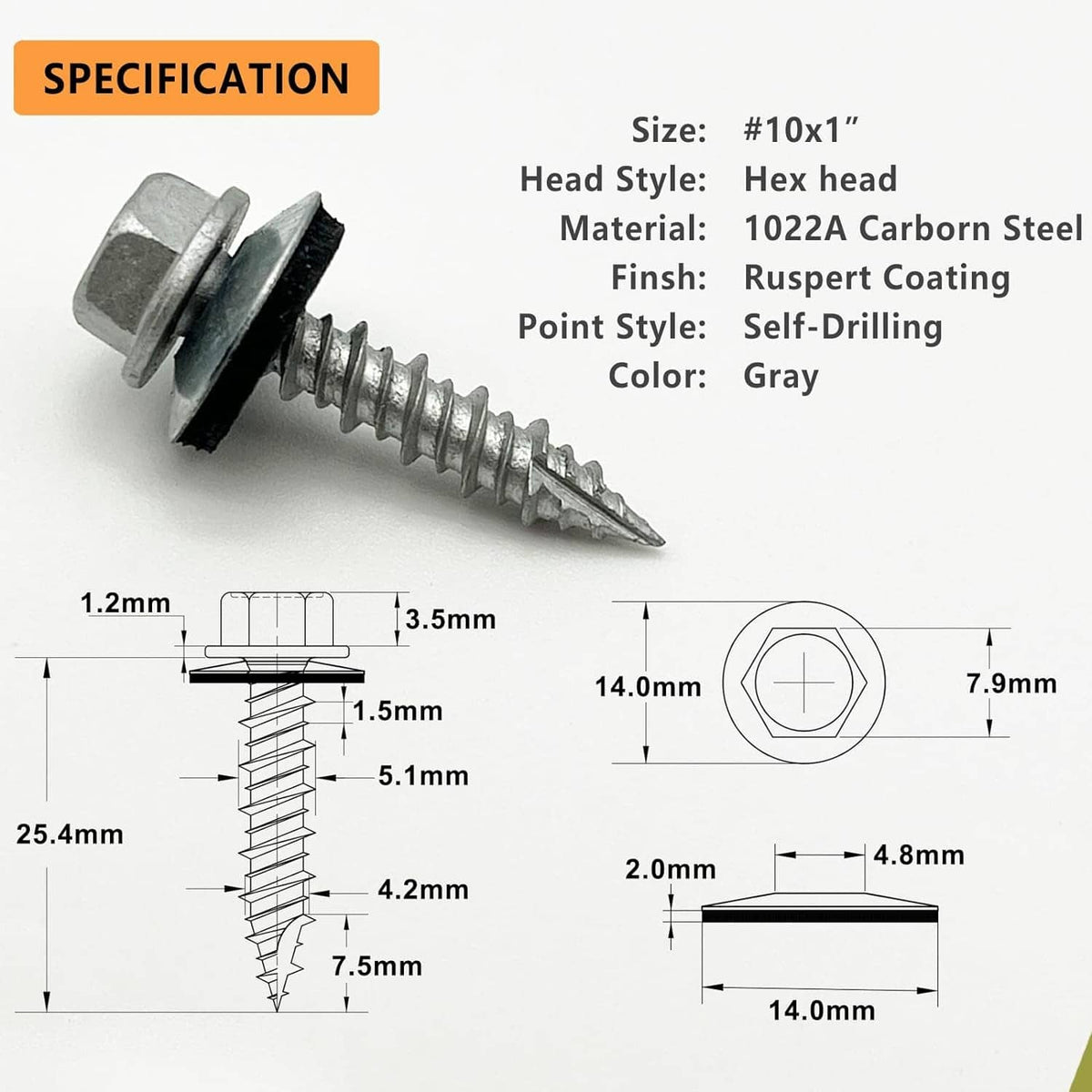 Hex head roof screw size #10 x 1 in, hex head and drilling point (spec view)