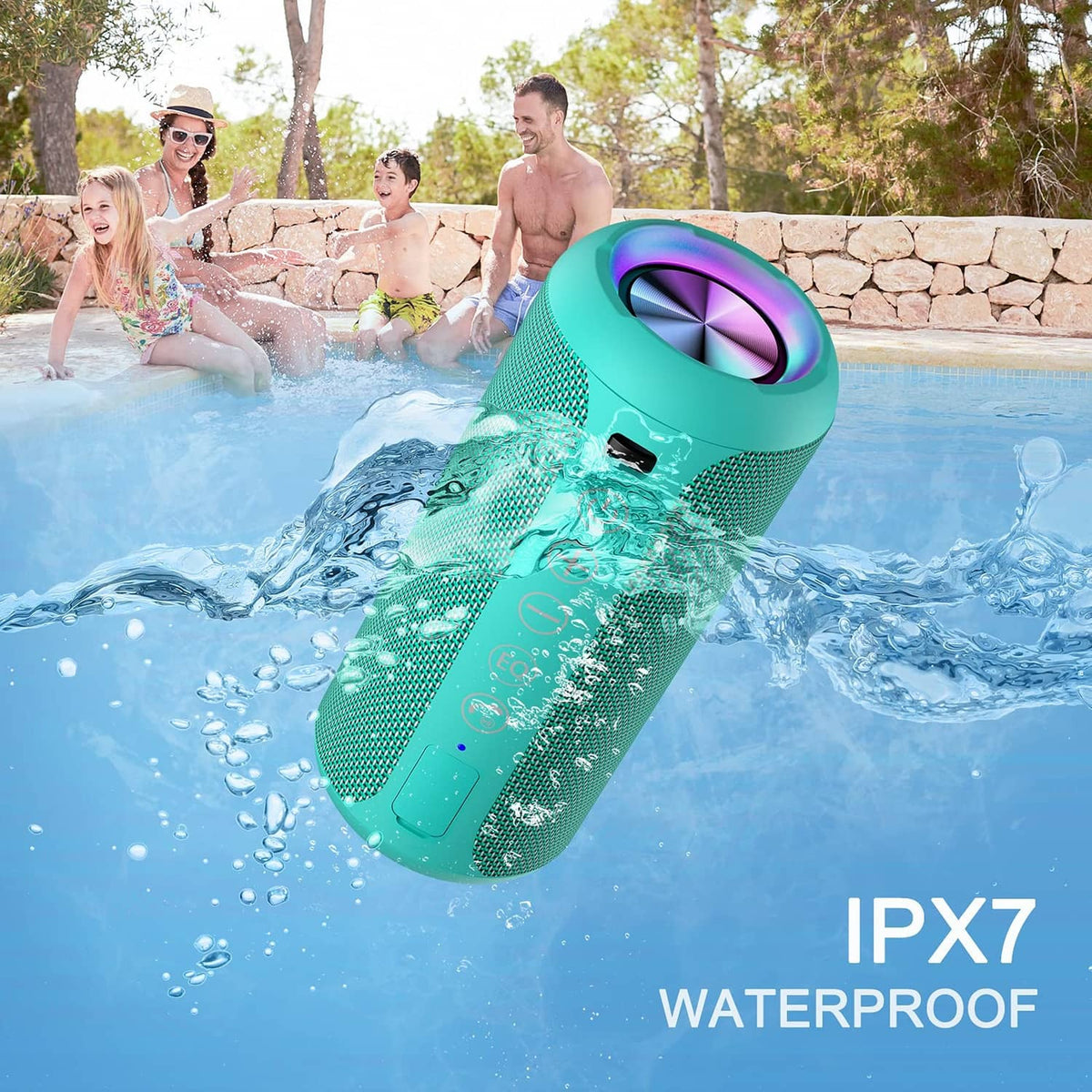 Teal IPX7 waterproof Bluetooth speaker with glowing light ring emerging from water