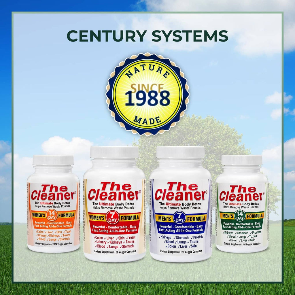 Detox supplement bottle set with Century Systems 'Since 1988' badge