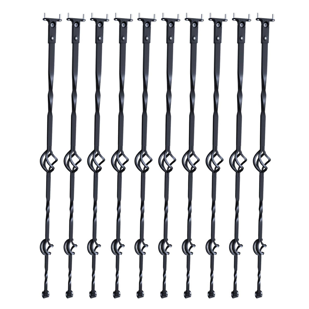 Matte black steel deck balusters, double-basket decorative links, close-up front set