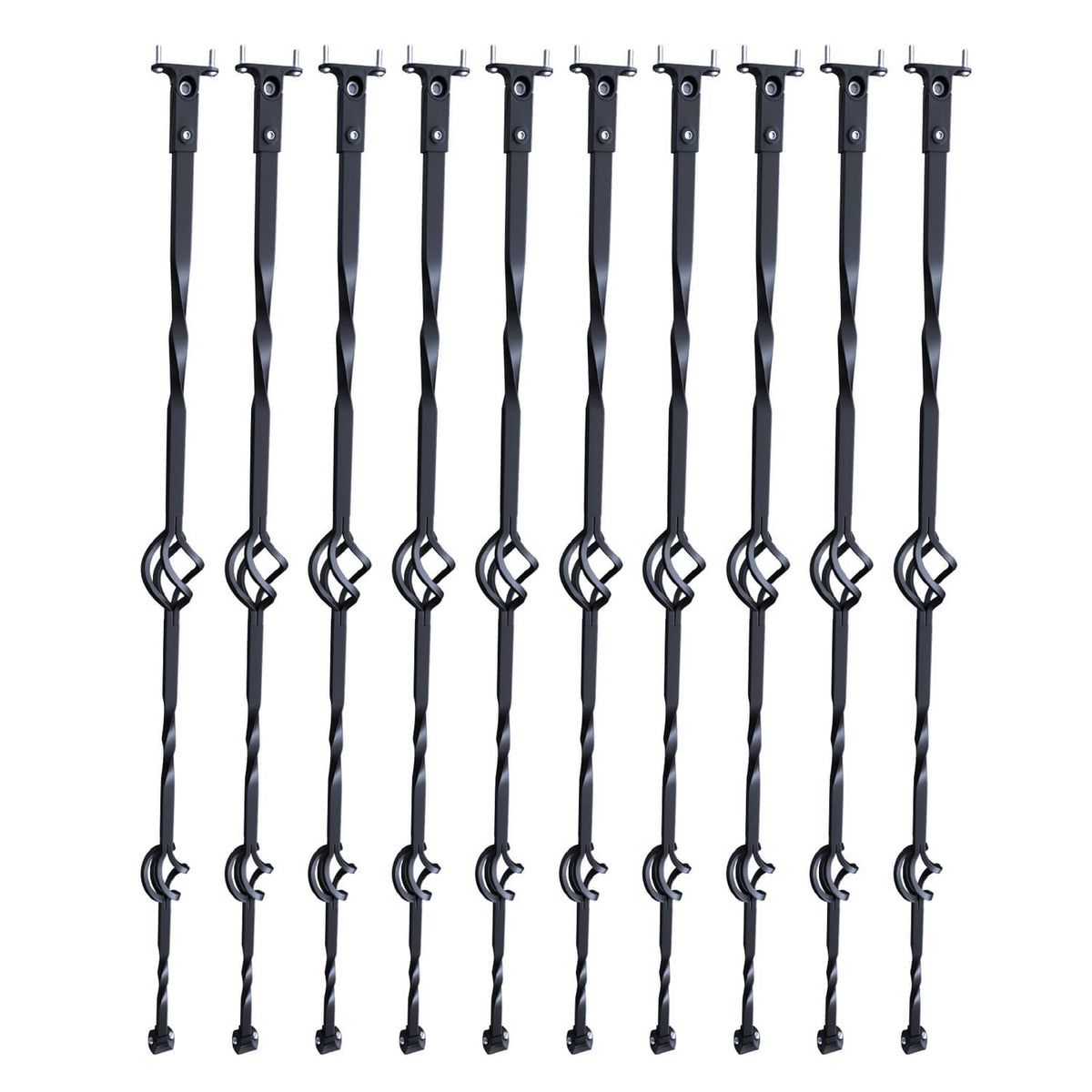 Matte black steel deck balusters, double-basket decorative links, close-up front set
