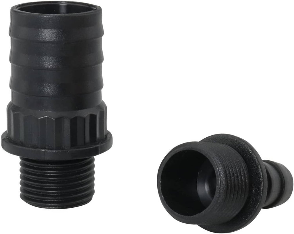 Black plastic nozzle adapter with ridged grip and threaded base, plus small connector
